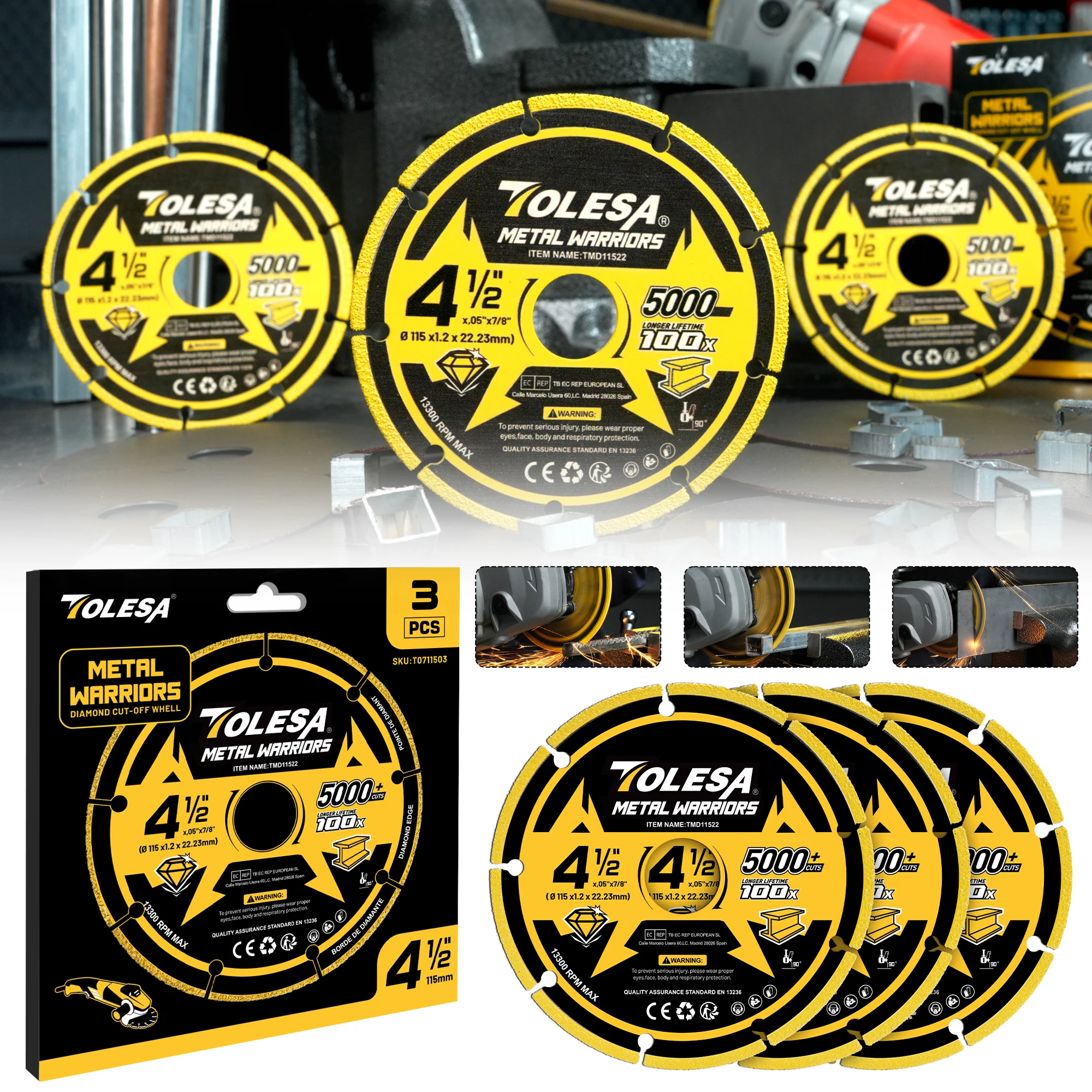 

TOLESA 3Pcs Diamond Cutting Wheel 4 1/2 x 7/8 Inch Cutting Disc Cut Off Wheel with 5000+ Cuts on Rebar, Steel, Iron and Metal