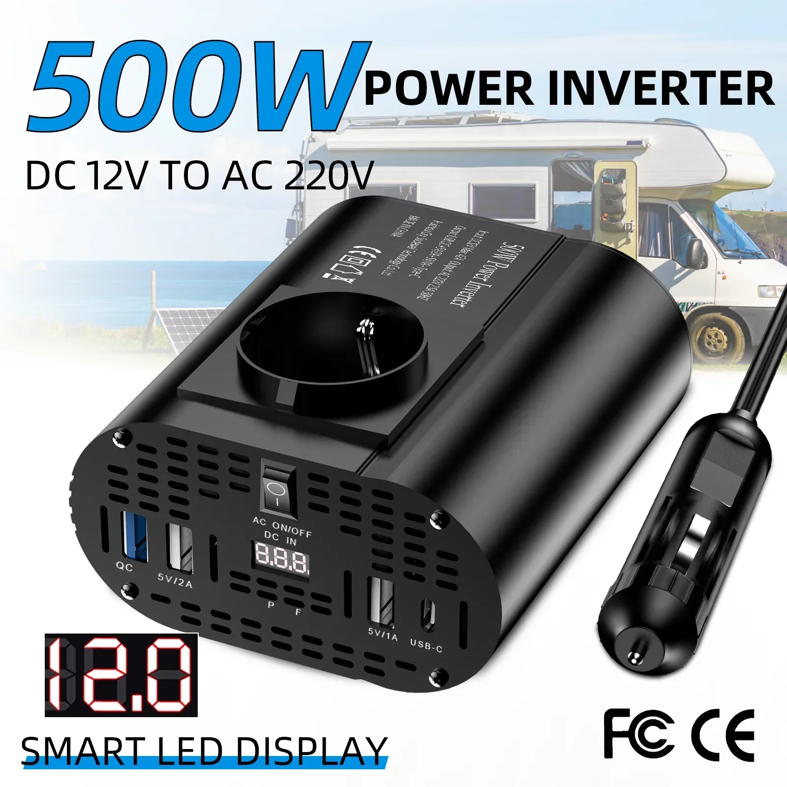 Inversor de coche de 400W/500W, convertidor de CC de 12V a CA 220V, 3USB 2,0 y 1USB QC3.0, enchufe estándar europeo