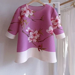 Chinese style printed pleated top for women Korean style women's clothes 2023 Elegant woman t-shirts  tops