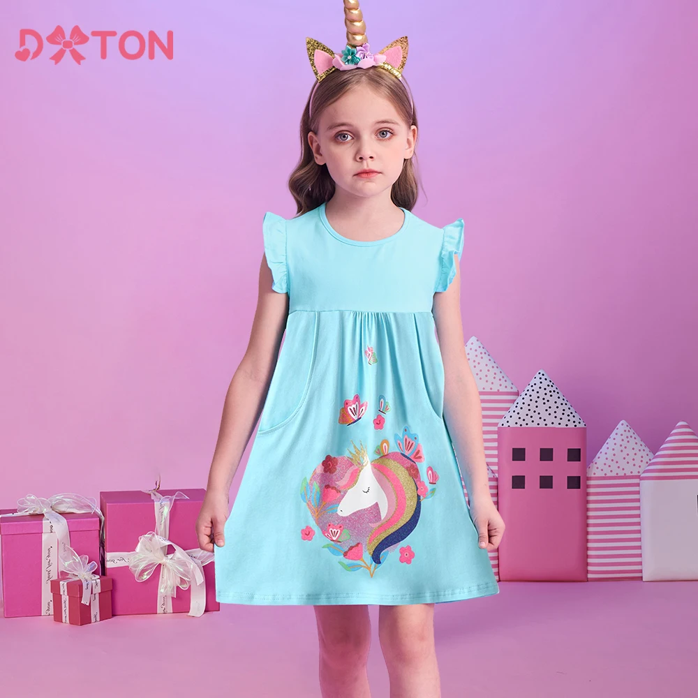 

DXTON Casual Summer Kids Dress Plants Print Children Girls Pocket Clothes Unicorn Heart Sleeveless Toddler Daily School Sundress