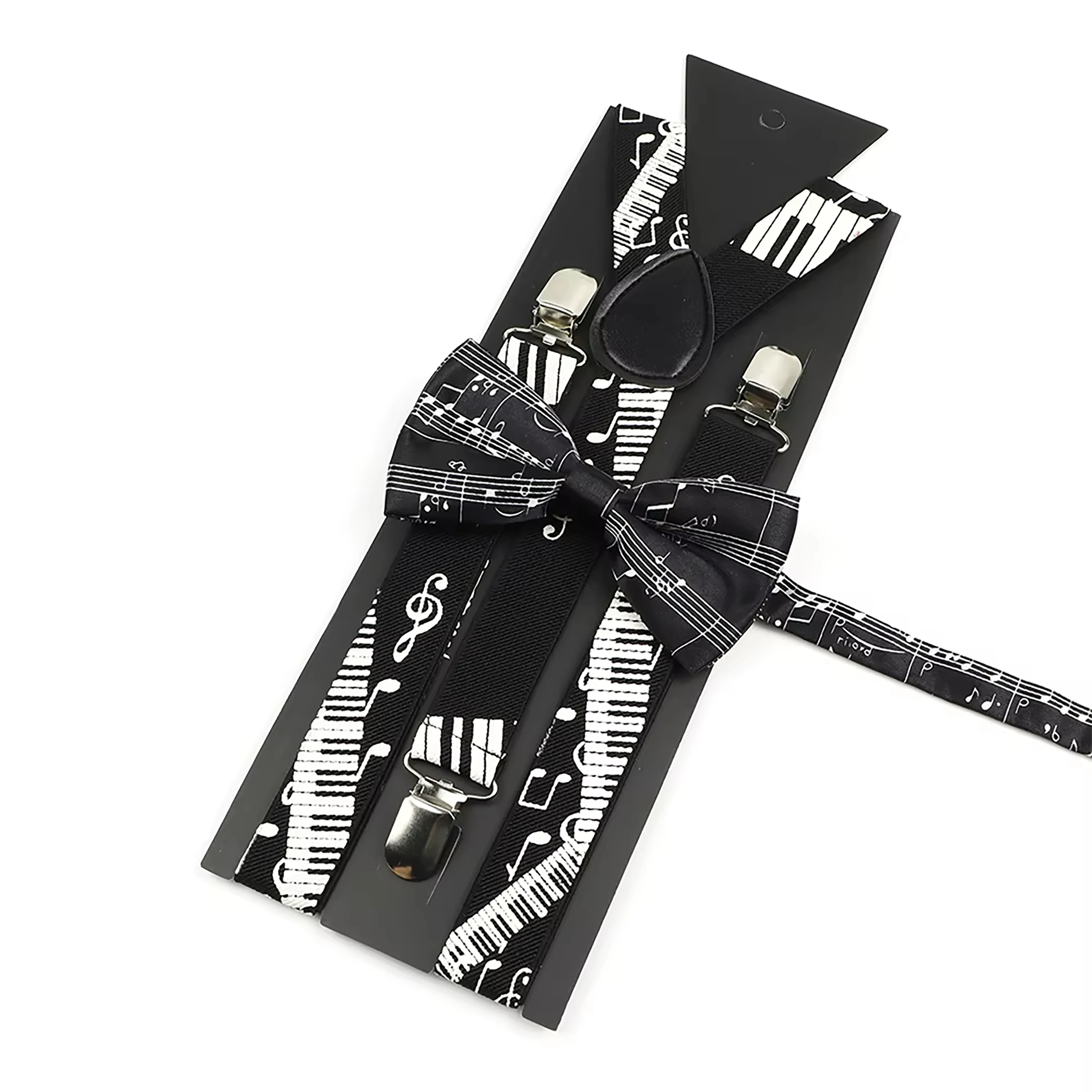 Conjunto de pajarita con tirantes para hombre, mujer, niña y niño, nota Musical, tirantes elásticos ajustables en Y, accesorios para Festival, regalo, color blanco y negro
