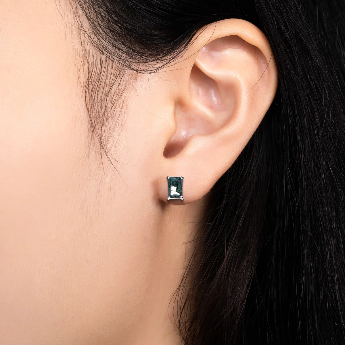 AliMoss 4*6mm Geometry Cut Moss Agate Stud Earrings 925 Sterling Silver Earring for Women Anniversary Birthday Gifts