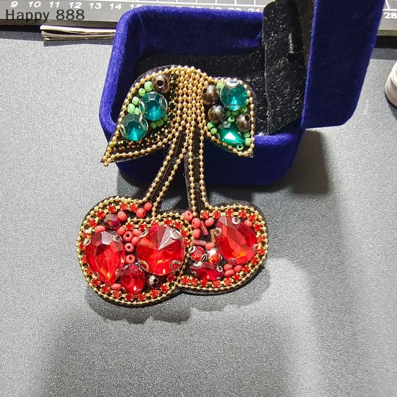 

Red Handcrafted Beaded Rhinestone Cherry Heart Patch For Clothing, Bag, DIY Decoration, Applique Accessories