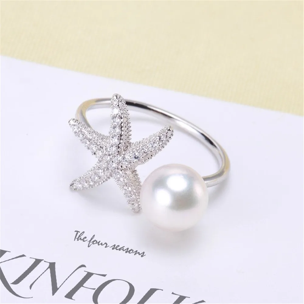 

S925 Silver Sterling Ring Inlaid Zirconia Half Hole Pearl Ring Base Resizable Design DIY Handmade Fine Jewelry Ring Accessories