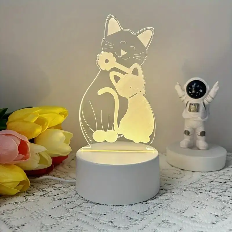 Lampu malam kucing 3D isi 1 buah, lampu ilusi optik 3D dengan sentuhan, lampu sekitar 7 warna berubah untuk kamar tidur