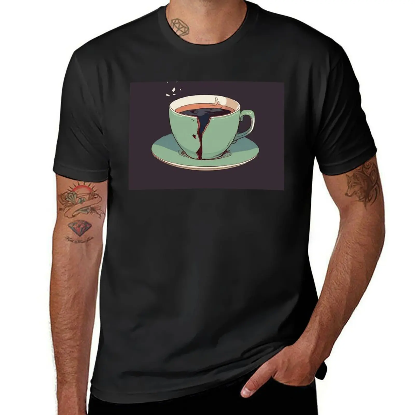 Cup of coffee - Cracked Mug - Vol.2 Graphics with background. T-Shirt oversized anime mens t shirt