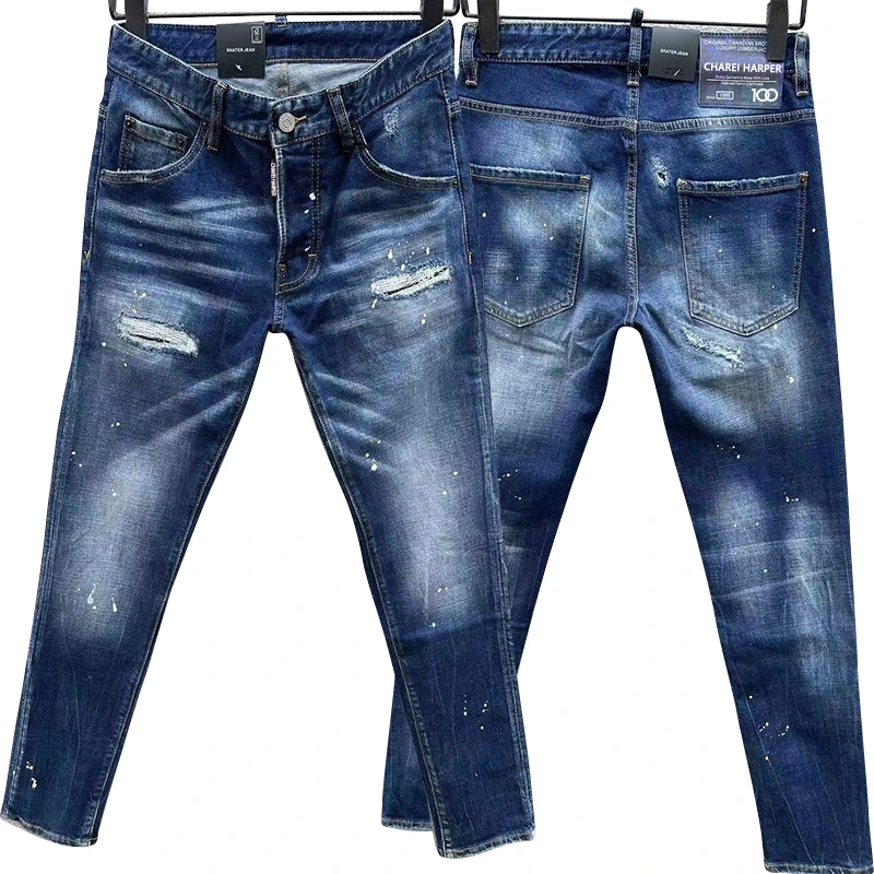 

100 chareiharper c061 Men's jeans ripped fashion hanging adornment trend paint slim slim feet mid-waist pants