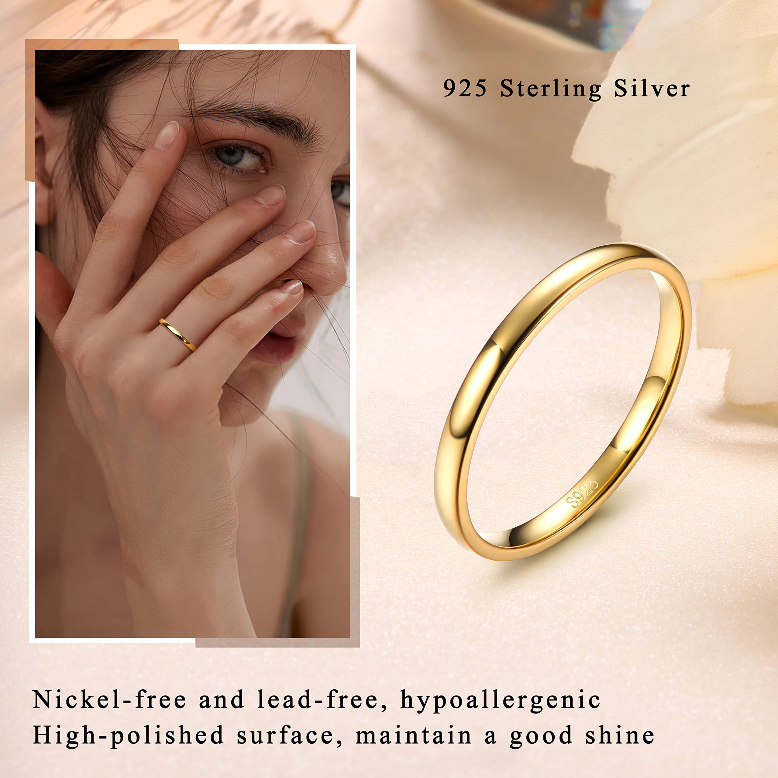 Fansilver 925 Sterling Silver Rings for Women Men 18k Gold Plated Stackable Band Rings High Polish Wedding Gold Band Wholesale