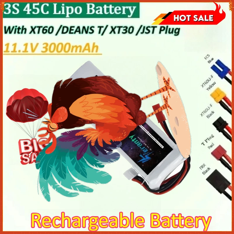 

New 11.1V 3000mAh 3S 45C Lipo Battery with XT60 DEANS TXT30 JST Plug for RC Airplane Quadcopter Drone FPV Boat Helicopter