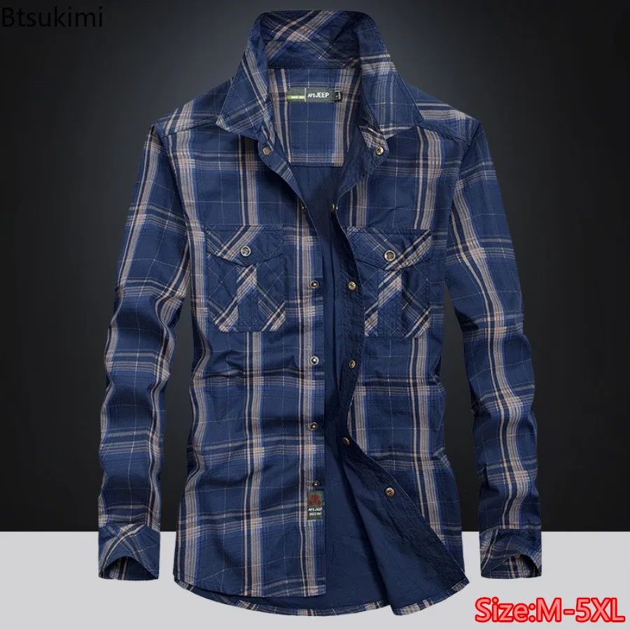 

New 2025 Men's Cotton Tooling Shirts Spring Autumn Long Sleeve Multi-pockets Plaid Casual Shirts Male Shirt Coats Plus Size 5XL