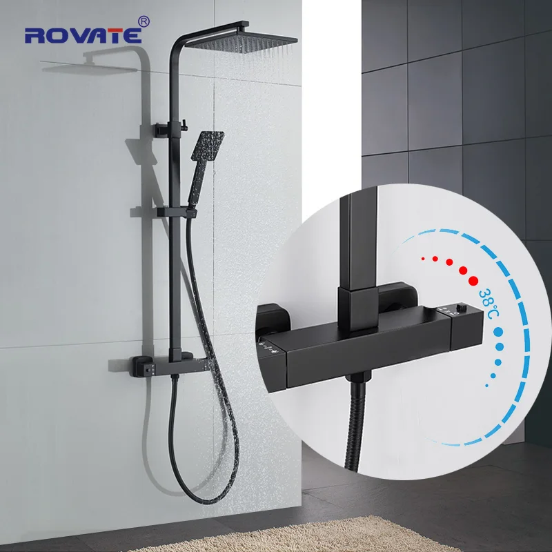 Rovate-matte Black Sistema Termostático do Chuveiro de Parede Dupla Função Torneira do Banheiro Combo Grupo Temperatura Constante