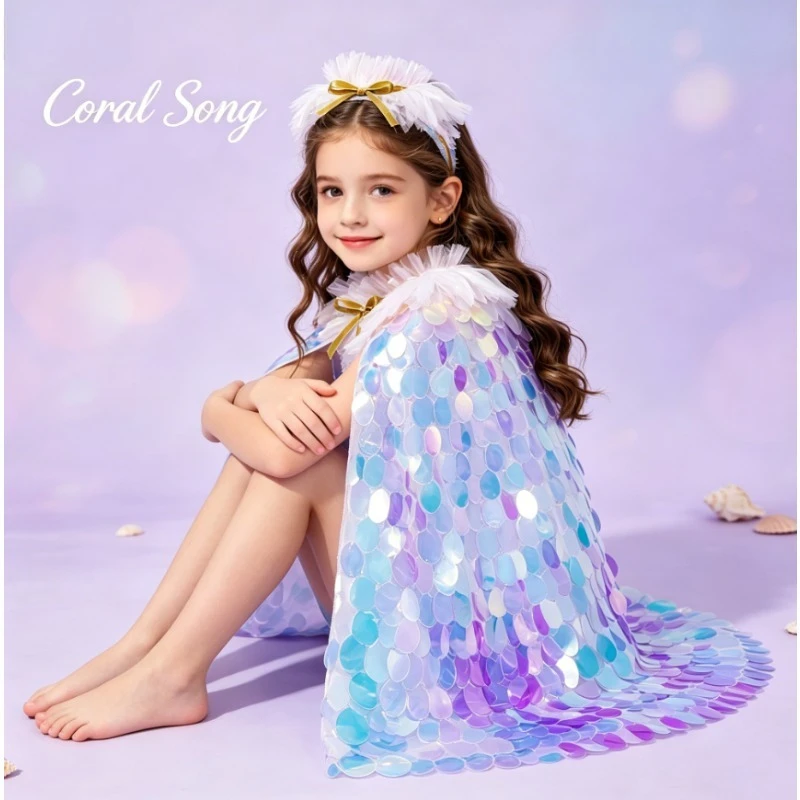 

Mermaid Princess Dress Up Accessories Kid Birthday LED Glow Sequins Cape Girl Luminous Cloak Cosplay Party Festive Costume Decor