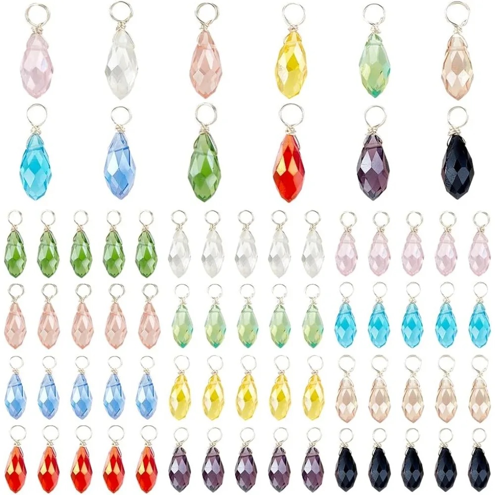 72pcs Faceted Teardrop Charms 12 Colors Transparent Glass Crystal Pendants Wire Wrapped Glass Charms Beads Jewelry Accessories