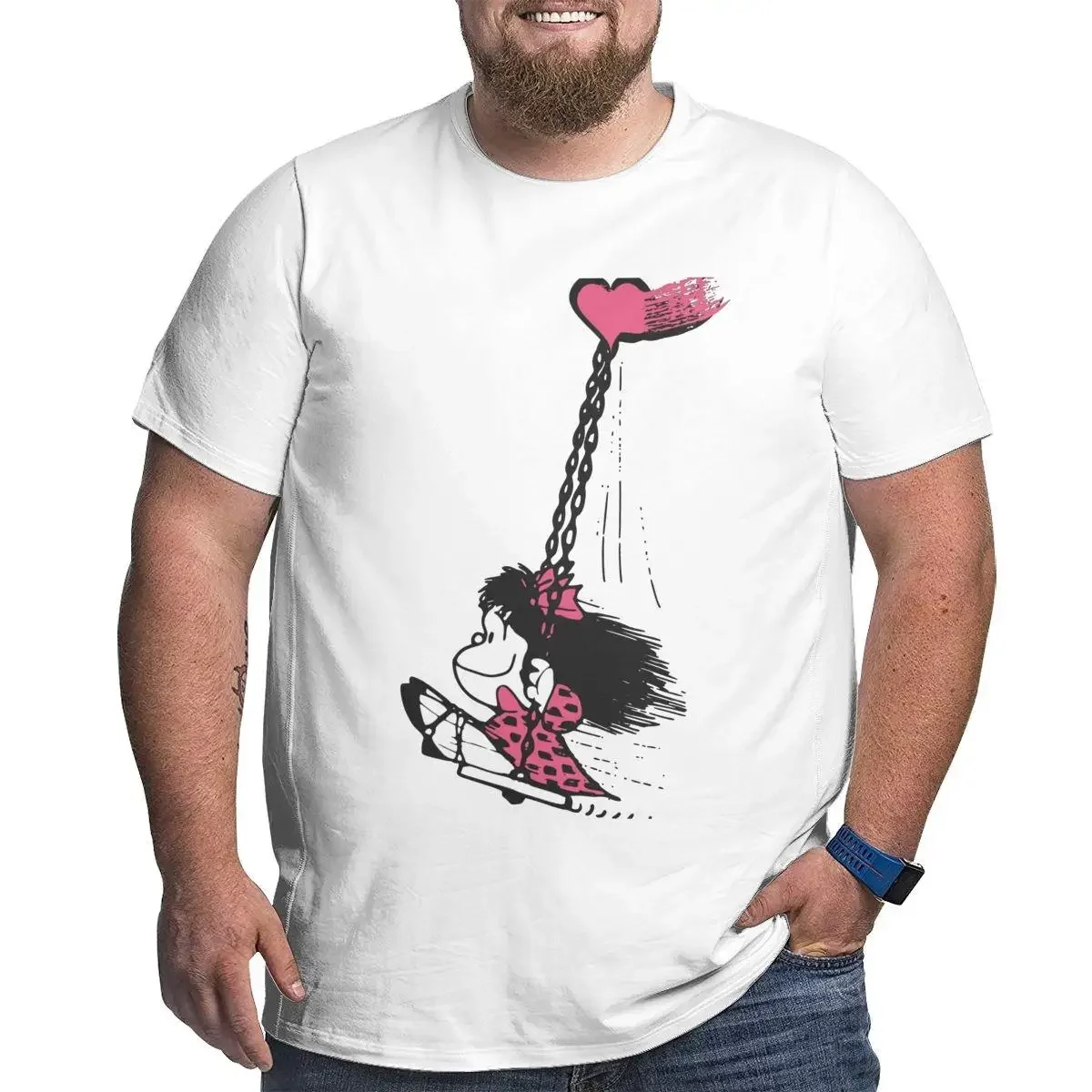 Love You T-Shirt for Men Mafalda Cartoon Pure Cotton Big Tall Tees Round Neck Short Sleeve T Shirts Big Size 4XL 5XL 6XL Clothes