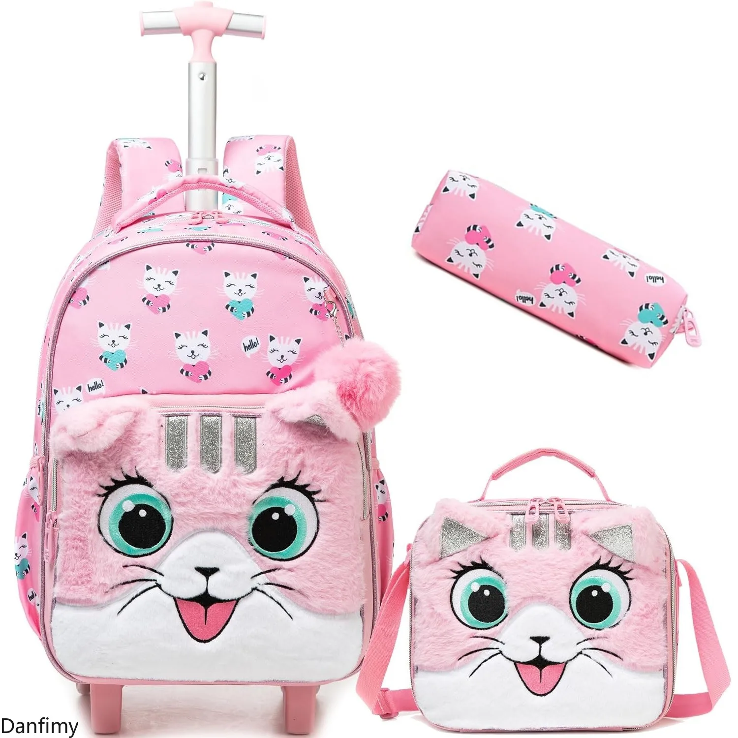 

Children School Backpack with Wheels Rolling Backpack for Girls Cute Cat School Bags Carry on Luggage with Insulated Lunch Box