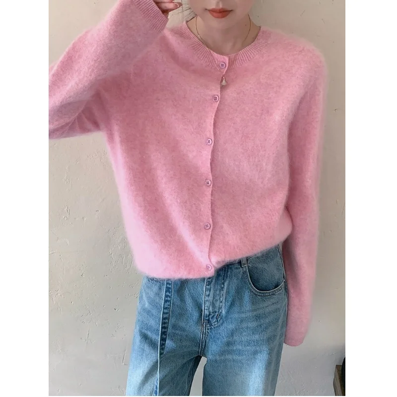 Suéter de cachemira de lana polar para mujer cárdigan Otoño Invierno cuello redondo sin costuras de un solo pecho prendas de punto suaves