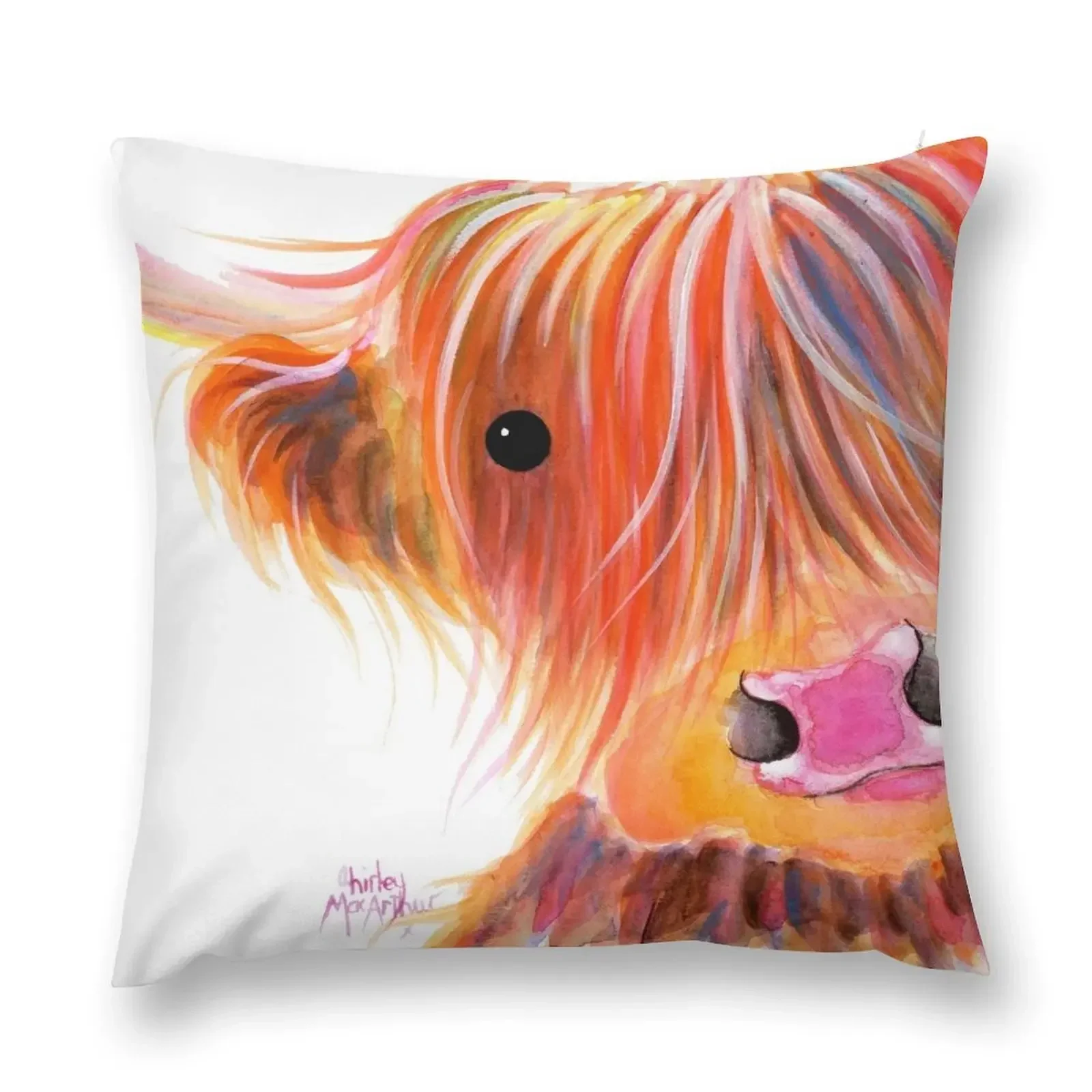 Scottish Highland Cow PRiNT ' SWEET SATSUMA ' by Shirley MacArthur Throw Pillow Throw Pillow Pillow Cases