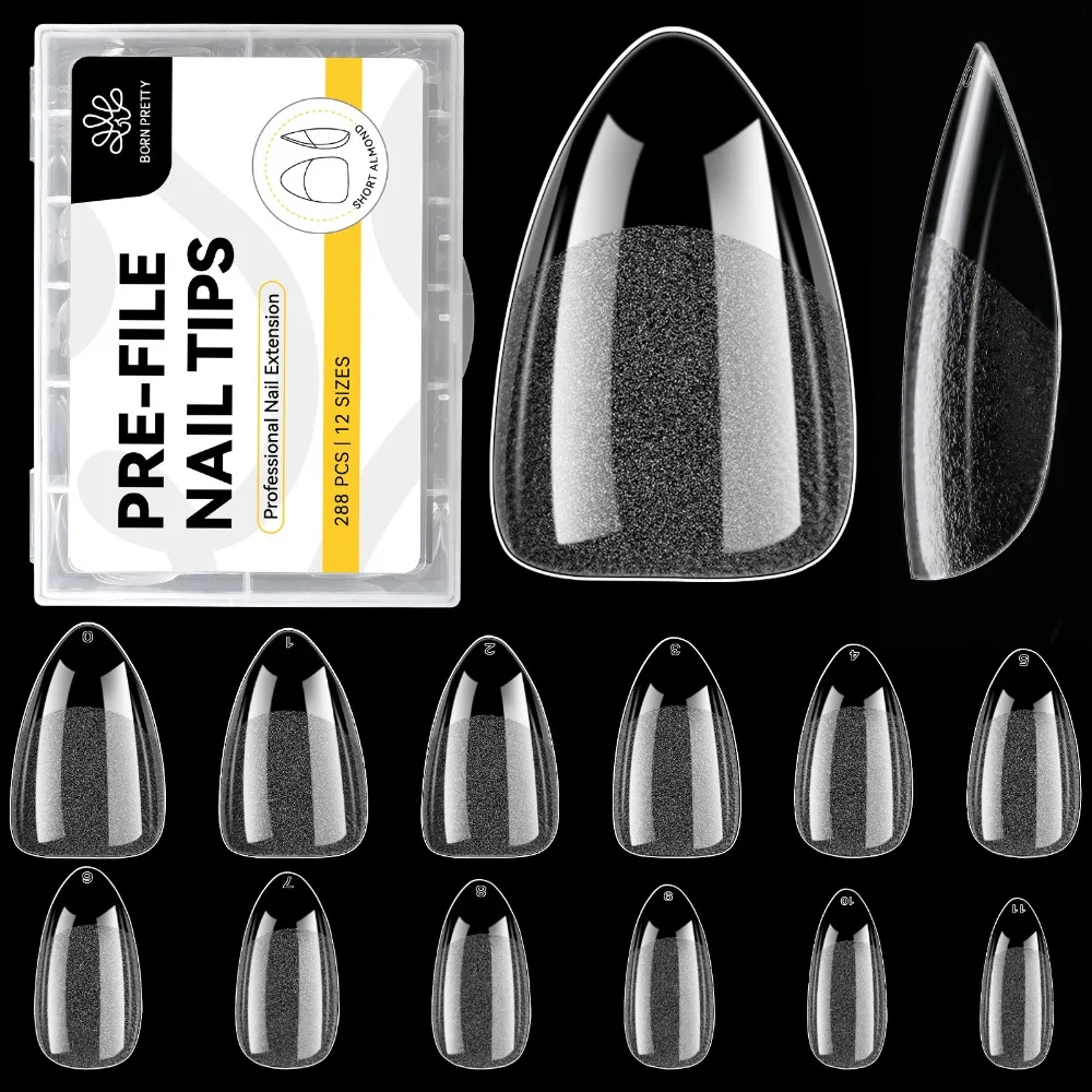 288 Stück neue kurze Mandel-Nagelspitzen aus Acryl, matt, klar, vorform, klare Nagelspitzen, vollständige Abdeckung, Nagelkunst, professionelle Verwendung