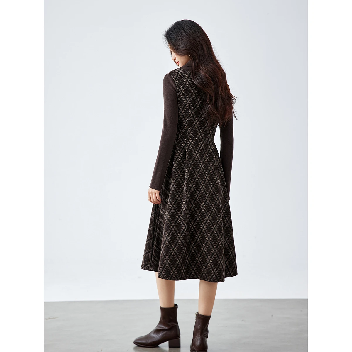 VIMLY Mock Two-Piece Women's 2025 Autumn New Chinese Style Lapel Plaid Pattern A-Line Elegant Office Lady Long Dresses A3177