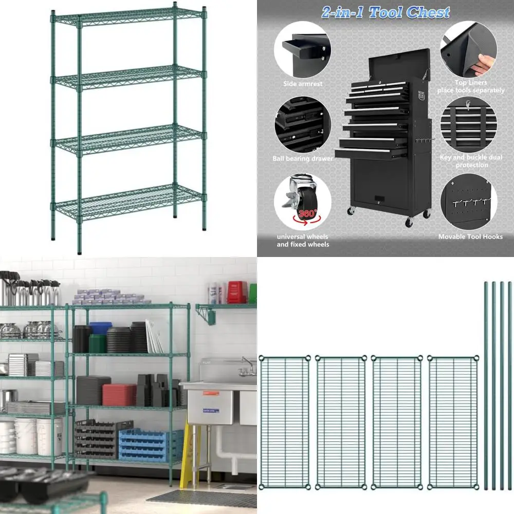 Kit de estantería de alambre recubierto de epoxi verde, 14x36 pulgadas, 4 estantes ajustables, postes de 54 pulgadas, capacidad de 600 libras, grado comercial, Hea
