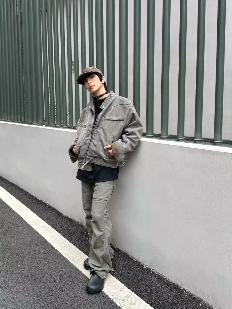 Grey Short Street Style Workwear Jacket American High Street 2024 New Advanced Feeling Harlington Youth Fashion Outerwear