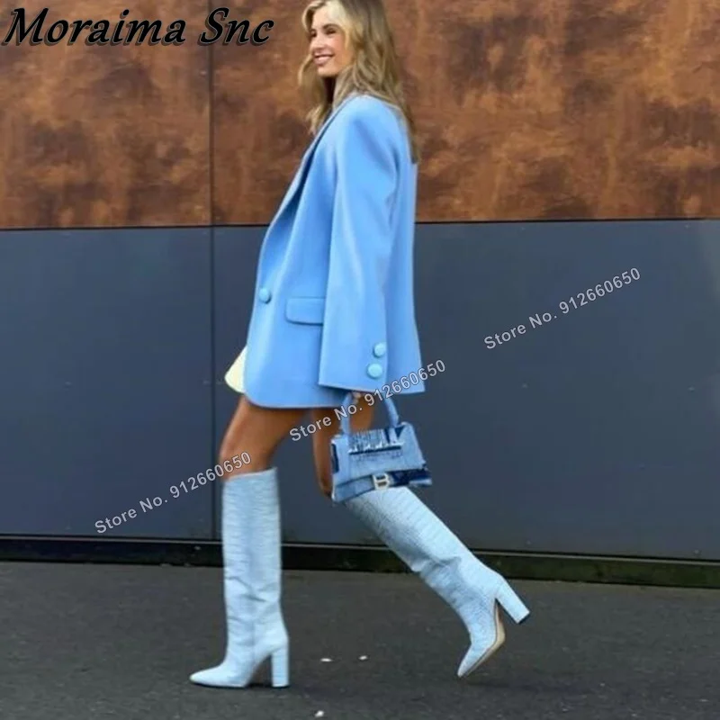 Moraima Snc Pink Slip on Stone Print Boots for Women Knee High Boots Chunky Heel Stilettos High Heels Runway Shoes on Heels