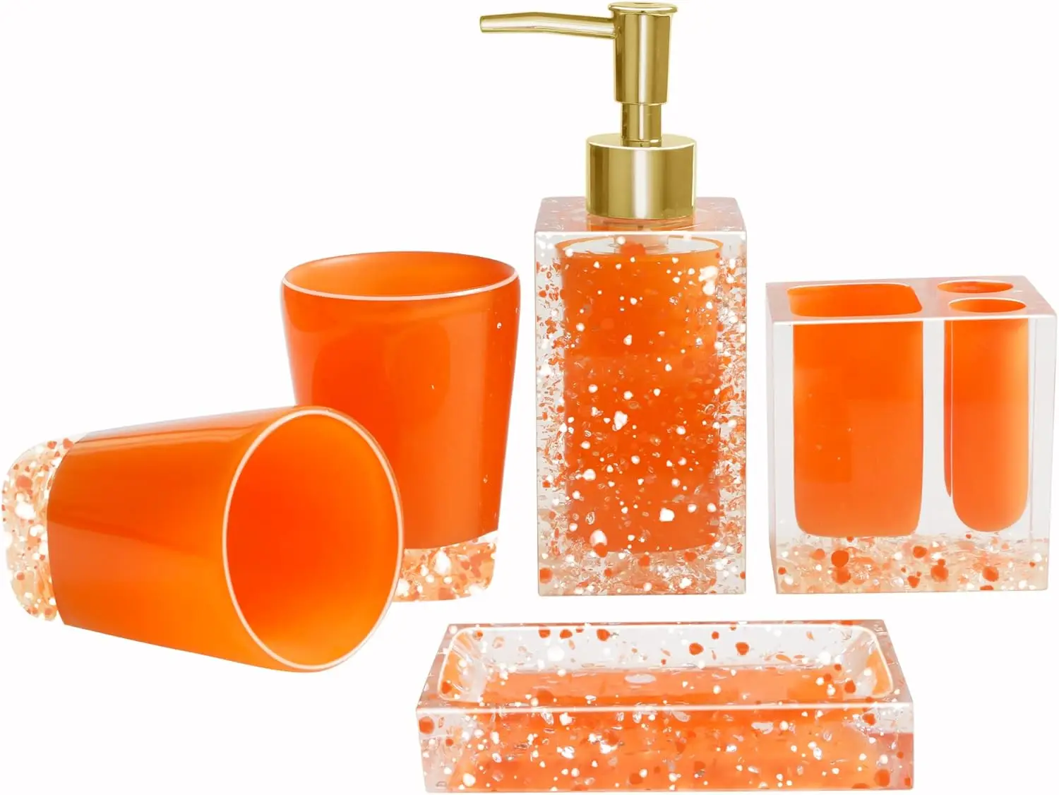 

Набор для ванной из 5 предметов из полимерной смолы: мыльница, дозатор, подставка для зубных щеток, стакан, оранжевый цвет
