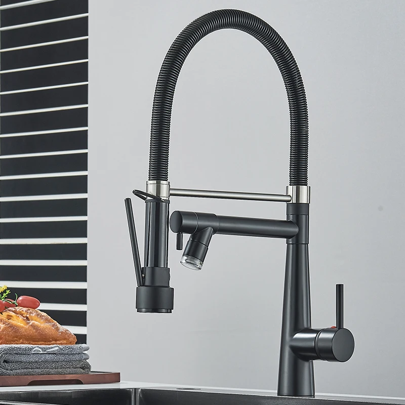 Black Kitchen Faucet LED Light Pull Down Spring Sink Faucets Dual Swivel Spout Kitchen Torneira Hot Mixer Tap