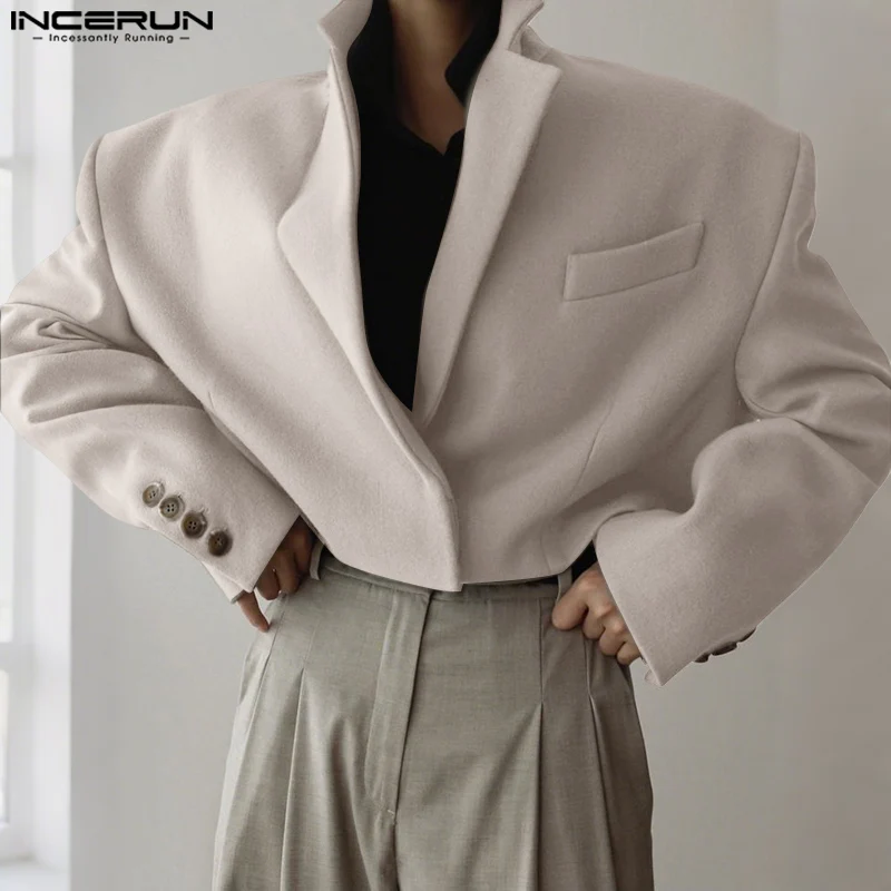 

INCERUN Men Blazer Solid Color Lapel Long Sleeve Crop Coats Men Streetwear One Button Loose 2025 Fashion Casual Male Suit S-5XL