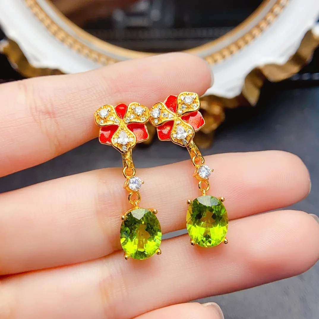 Natural Oval Peridot Drop Earrings 8\*10mm Main Stone Enamel Four Leaf Clover Gold Plated S925 Silver Women Ear Jewelry
