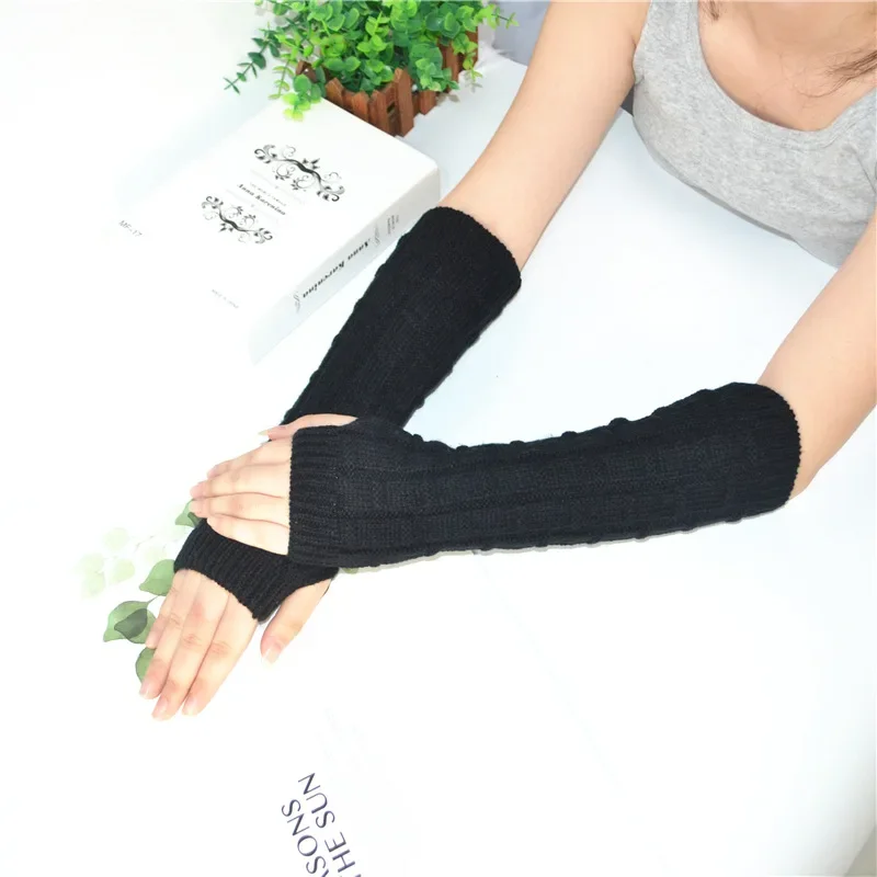 1 Pair Autumn Winter Women Knit Gloves Arm Wrist Sleeve Hand Warmer Girls Rhombus Long Half Winter Mittens Fingerless Gloves