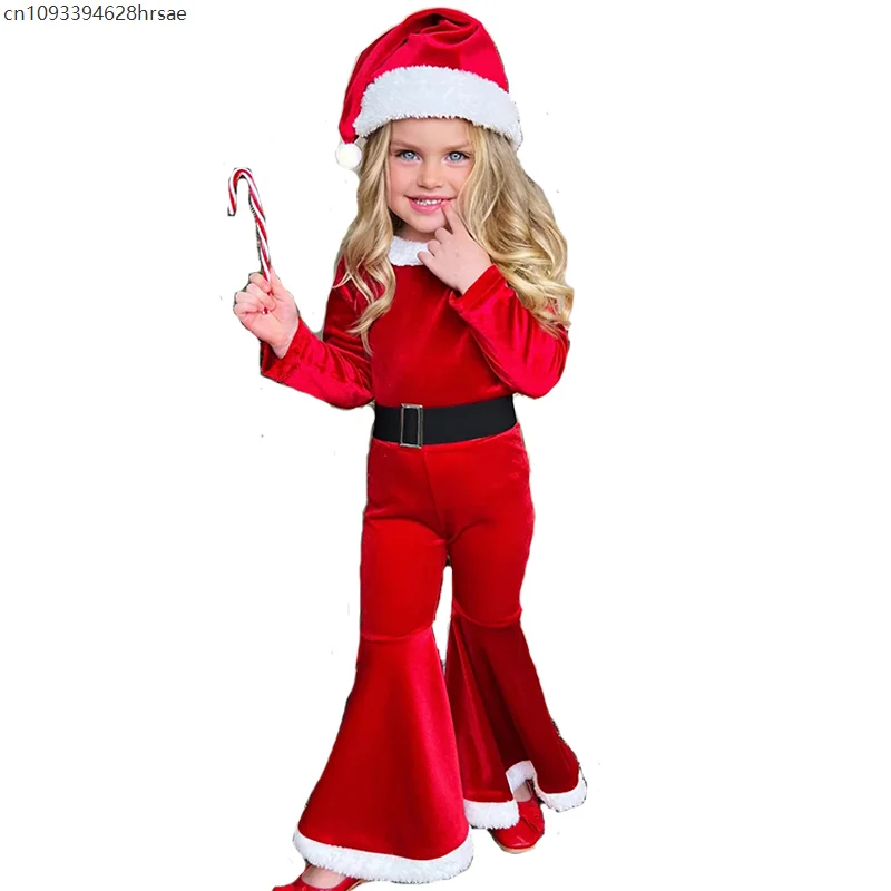 

2025 New Arrival Child New Year Holiday Outfit Santa's Little Helper Costume Girls Red Little Santa Velvet Bell Bottom Set