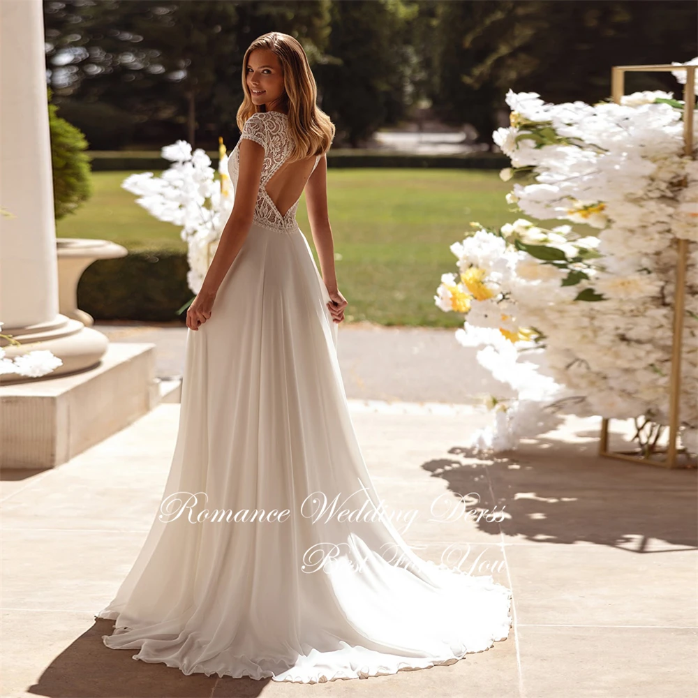 Elegante renda apliques a linha com decote em v vestido de casamento plissado manga sem costas chiffon vestido de noiva vestidos de novia personalizado