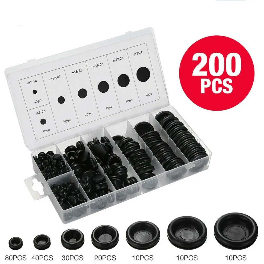 

200Pcs NEW Black Grommet Kits 7 Sizes O-ring Rubber Grommets Closed Hole Plugs Single sided Washers for Wiring