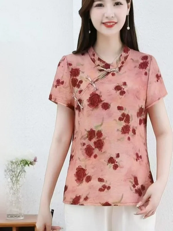 

Faionable Summer Print ort Sve Loose Women's irt Mom Sle Slimming Top for Middle-Aged And ly Ladies
