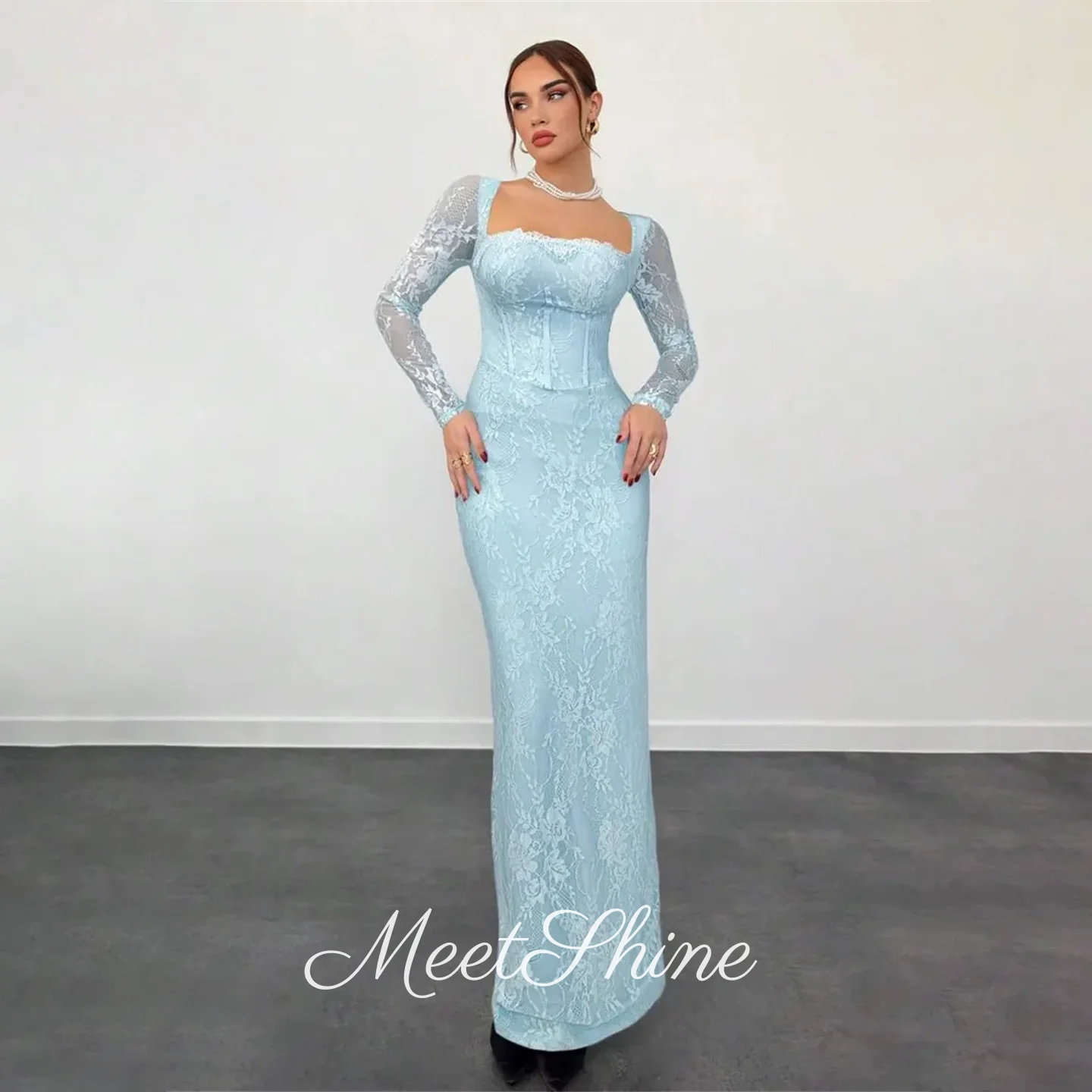 

Элегантные небесно-голубые кружевные вечерние платья с квадратным воротником и разрезом сзади, с длинными рукавами, свадебное платье русалки, платья для выпускного вечера по индивидуальному заказу