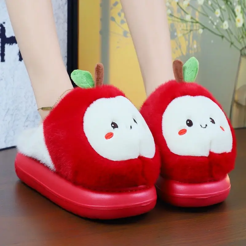 

Adorable apple plush slippers woman red fruit shape shoes platform eva fur slides woman chunky indoor shoes