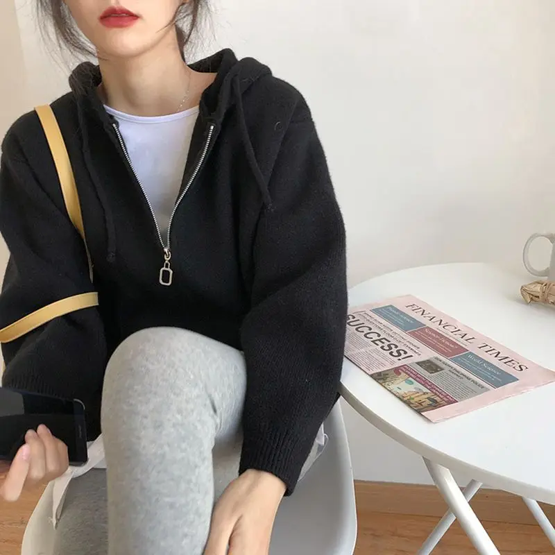 Deeptown Harajuku Sweater Women Korean Fashion Zipper Hooded Cardigan Vintage Oversized Casual Knitwear Kpop Aesthetic Autumn