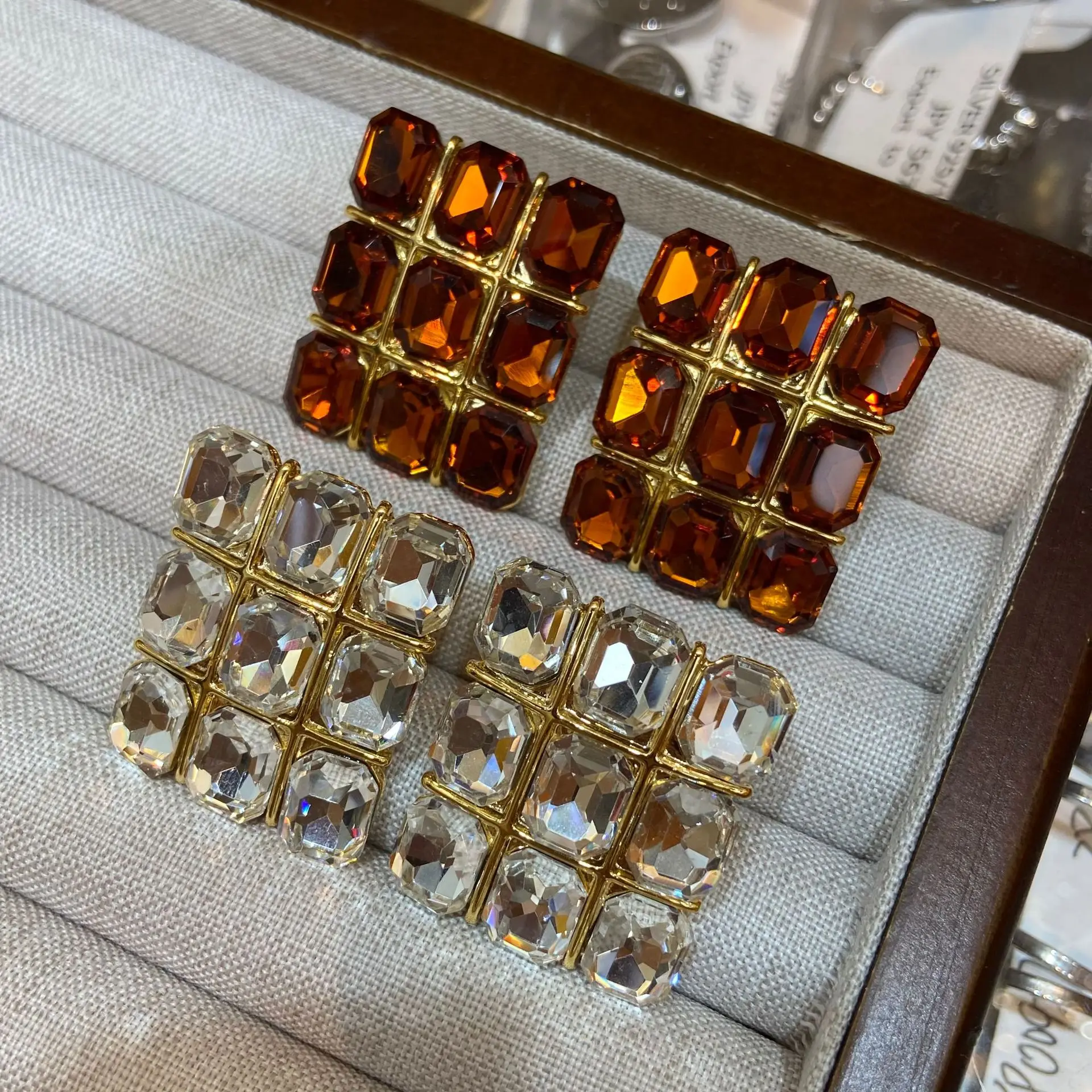 Coffee Glass Big Square Earrings Luxury Vintage Niche Design Nine-square Grid Eardrop Exquisite Court Style Party Jewelry Gift