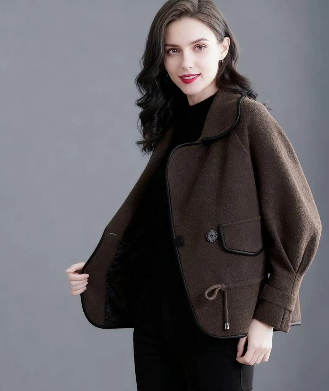 

Wool Blend Coats Womens Woolen Coat A Line Autumn Tweed Color-Blocked Adjustable Elastic Waist Sided Snap Closure Raglan Commute