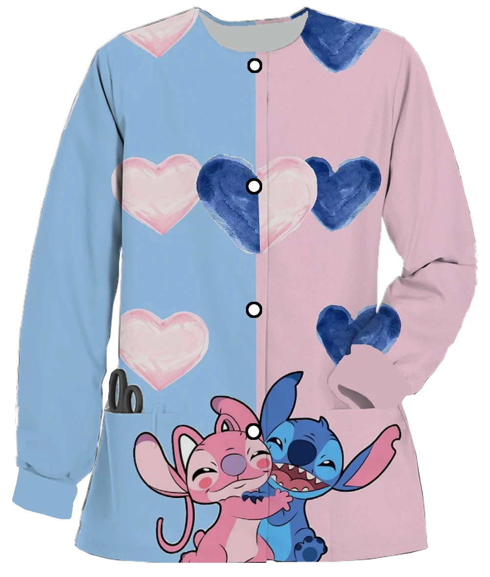 치과 의사 작업복 디즈니 스티치 만화 프린트 가을, 겨울 여성 더블 포켓 긴 소매 작업복 간호사 자켓