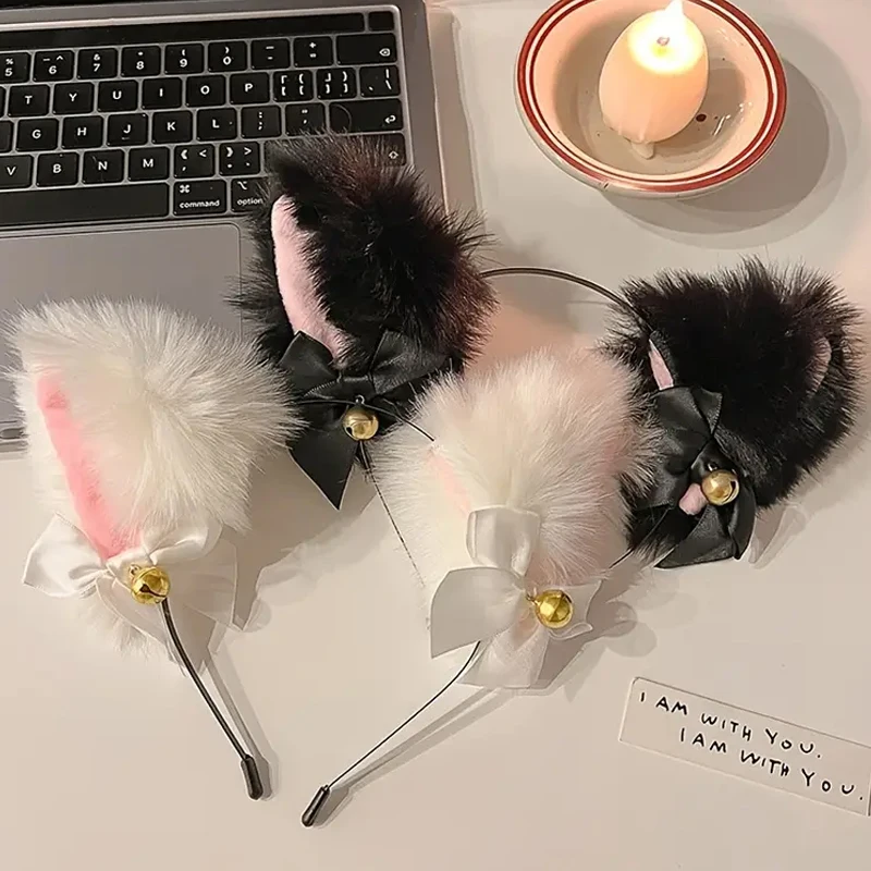 

1Set Cute Cat Ears Headband for Women Lace Bow Necklace Plush Bell Hairband Cosplay Masquerade-Party Costume Hair Accessories