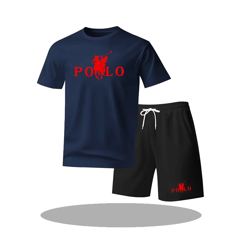 Men's 2 Piece Casual Tracksuit, POLO Horse Print Crew Neck T-Shirt and Drawstring Shorts Summer Sport Outfit Set view 5