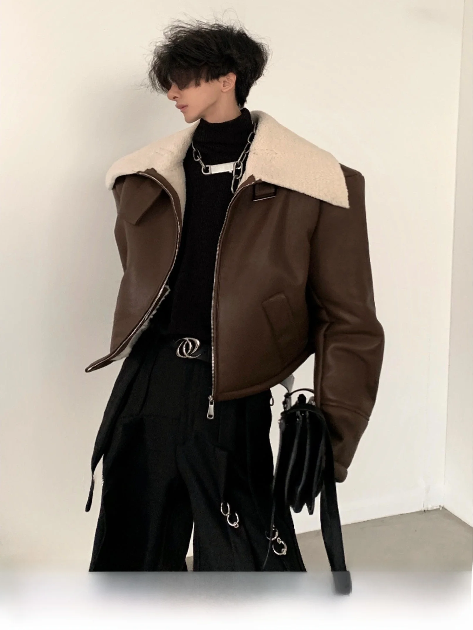 Autumn Mountain Wind Original Brown Leather Jacket Men's Winter Short Fur Leather Integrated Motorcycle Jacket Vintage Style