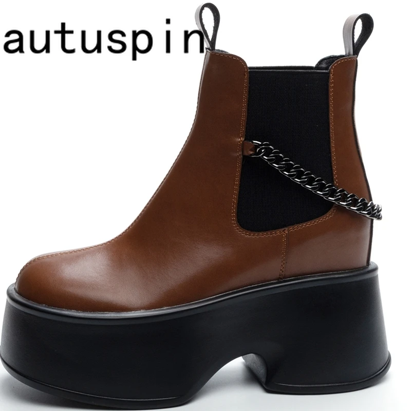 

AUTUSPIN 11cm Platform Women Chelsea Boots 2024 Summer Spring Punk Chain Women's Shoes Ladies Genuine Leather Thick Bottom Boot