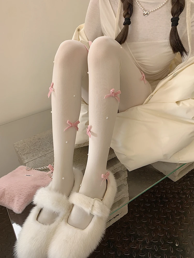 Spring and Autumn Milky White Girl Heart Velvet Bow Pearl Outer Wear Body Stockings