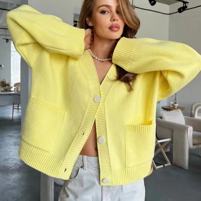 

Talenza Solid Single Breasted Cardigan For Women Spring Autumn Loose V-Neck Sweater Woman Soft Pockets Long Sleeve Coat Female