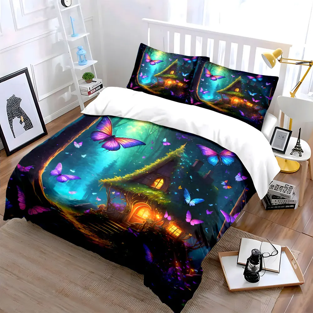 Magical Butterfly Forest Decor Set Soft Skin-Friendly Bedding Set Includes 1 Duvet Cover And 2 Pillowcase, Gift