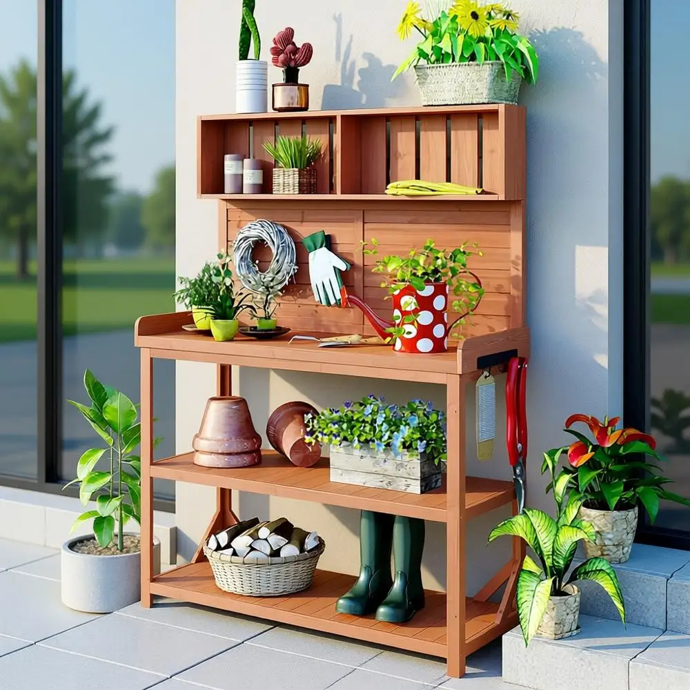 

Large Wooden Farmhouse Rustic Outdoor Potting Bench Table with 4Storage Shelvesand Side Hook,Patio Workstation,for Garden