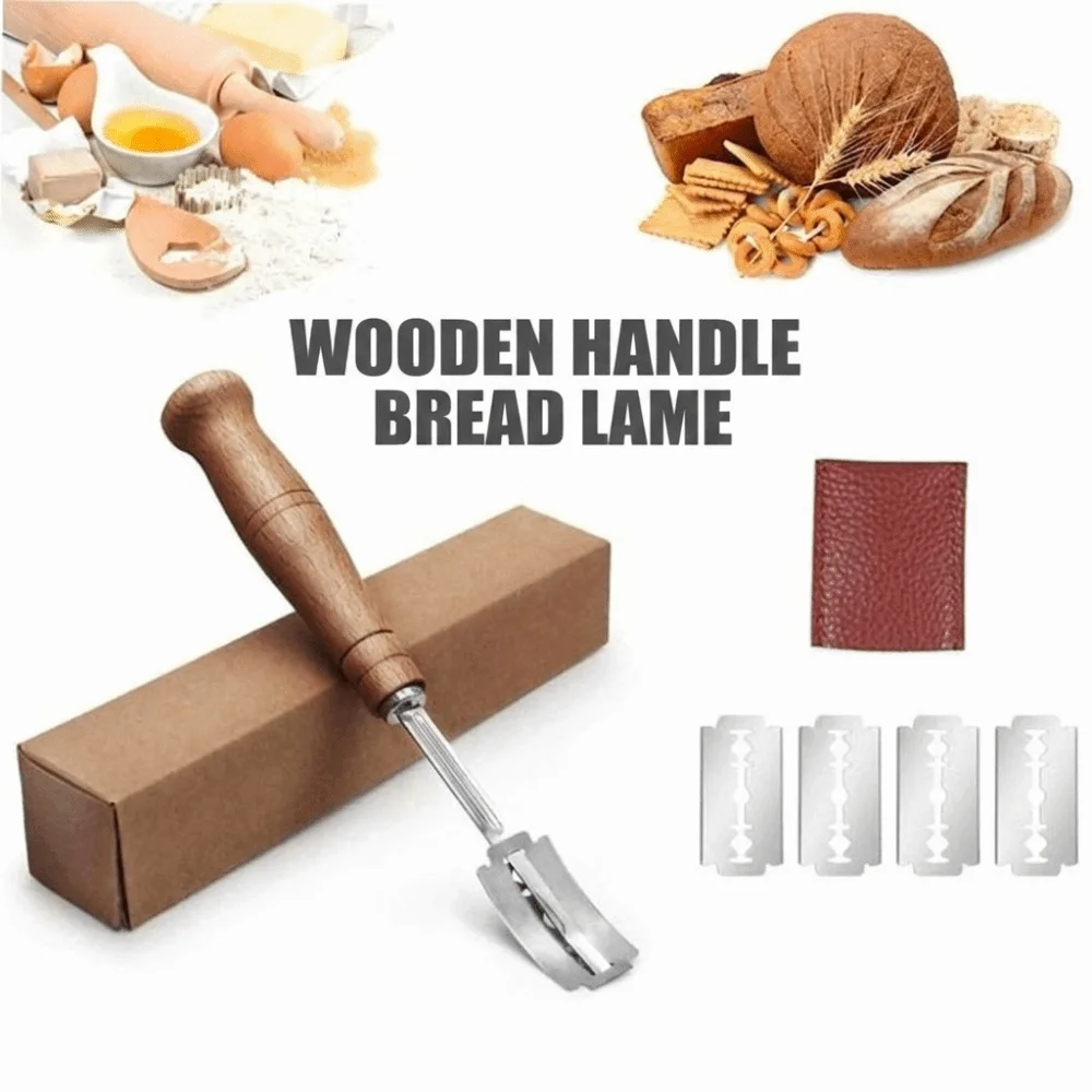 Wooden Handle Bread Scoring Lame Stainless Steel Curved Blade Bread Scoring Knife 5PCS Blades Compact Bread Cutter Tool